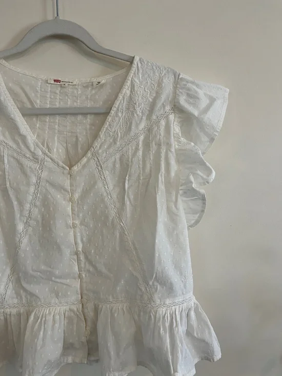 Levi’s Cotton Ruffle Button Down Top French Dot Lace Boho S Feminine Cottagecore - Picture 4 of 5
